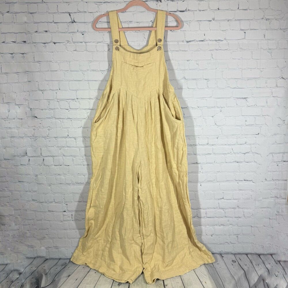 Free People Sun Drenched Overalls Large Yellow Cotton Wide Leg Relaxed Boho - Picture 3 of 16